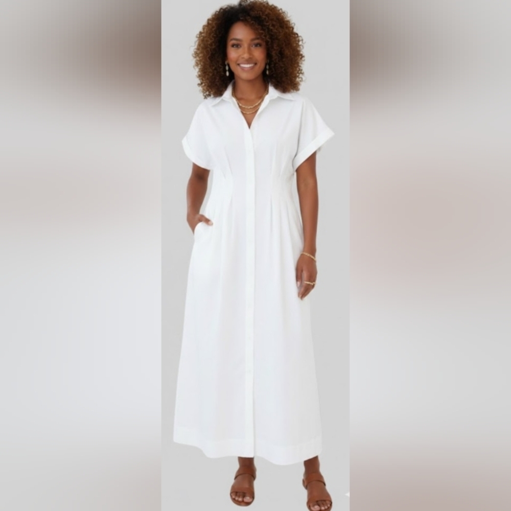 White 14 Cotton Coastal Quiet Luxury Minimalist Shirt Dress New